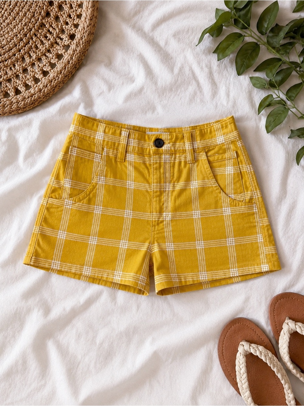 A New Day Yellow White Plaid High Rise Stretch Shorts Size 2